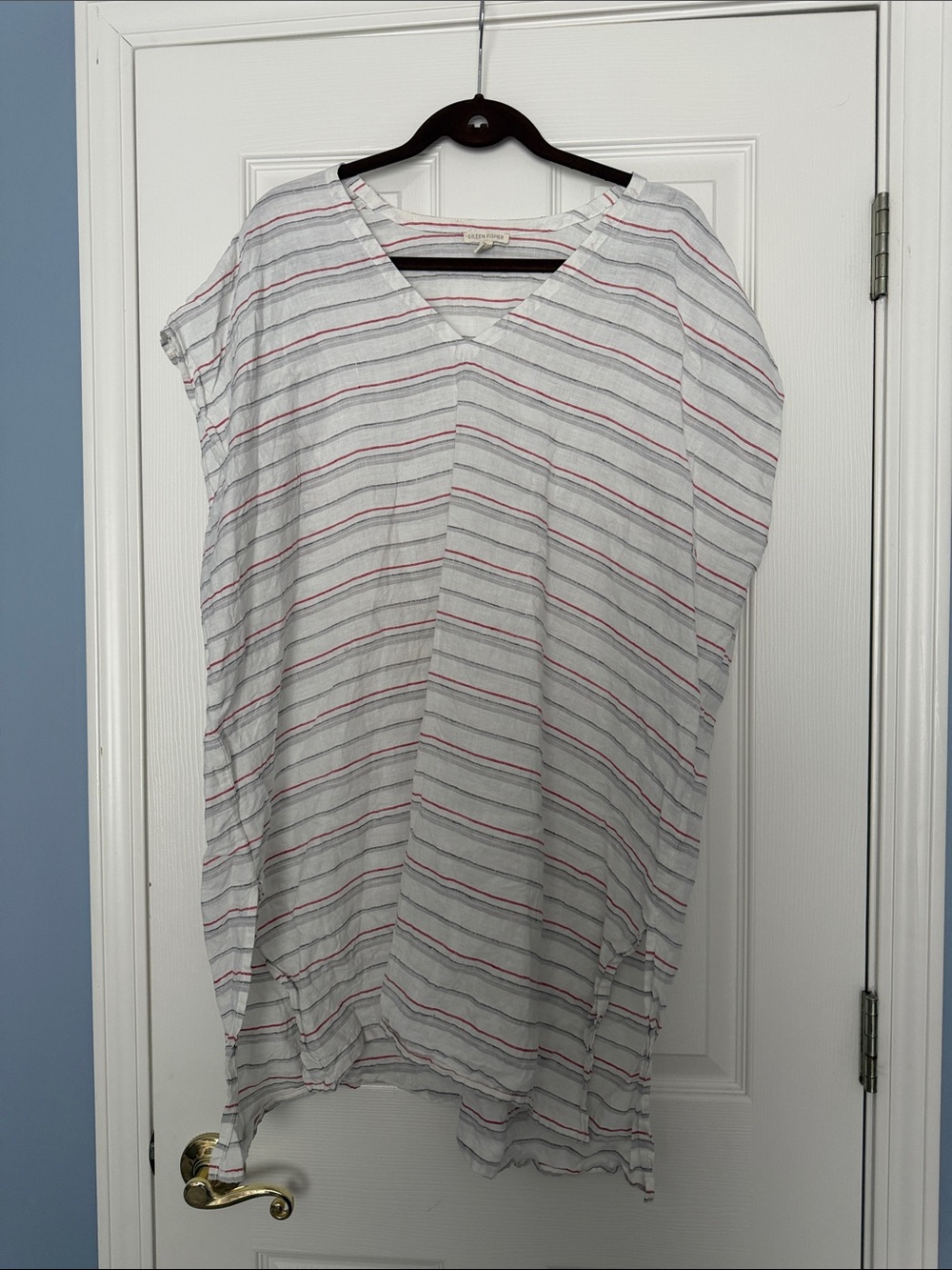 Linen red White & blue Striped V-Neck Women's Tunic / beach cover up